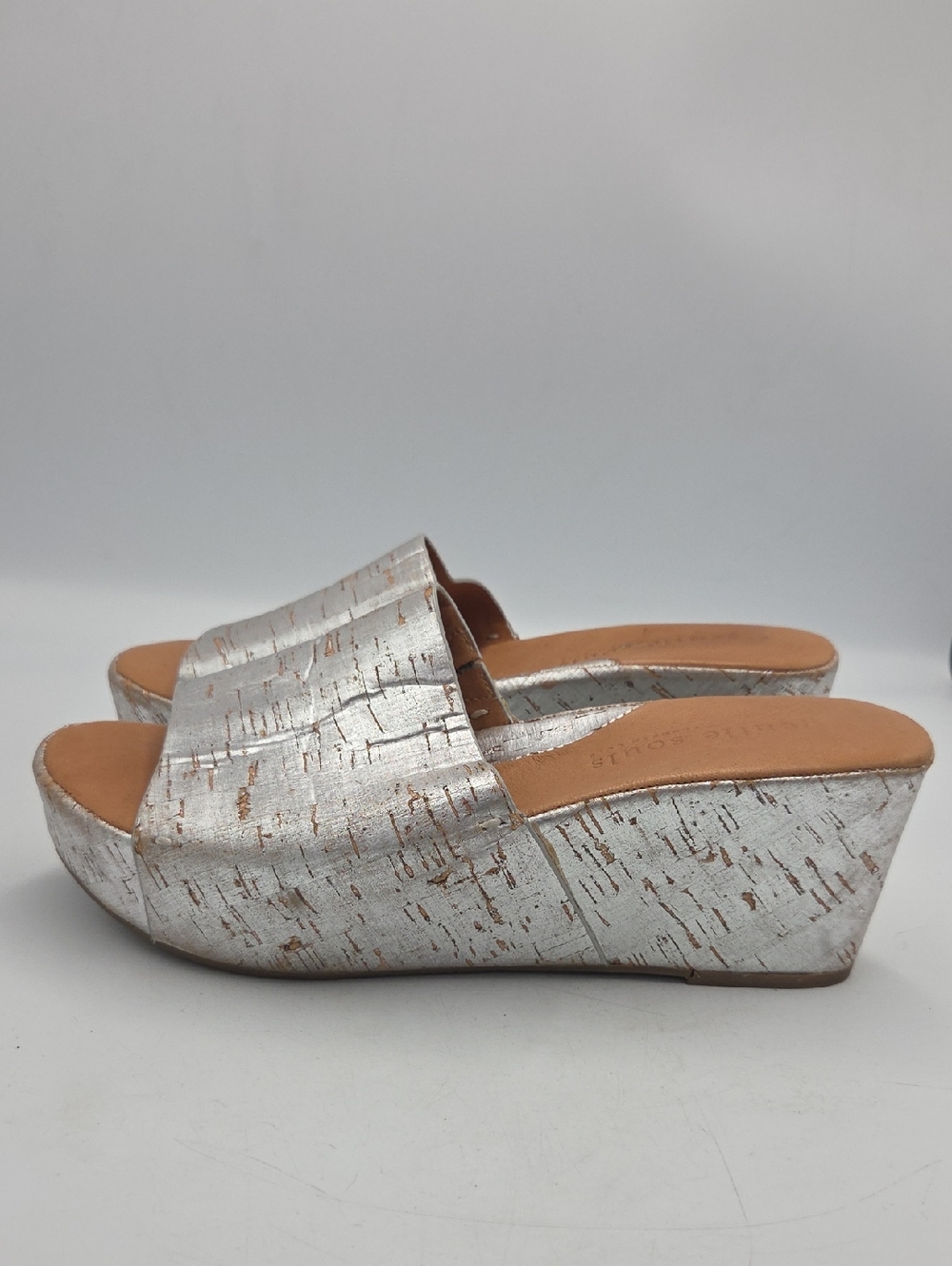 Gentle Soles Forella Metallic Silver Cork-Textured Wedge Slide Sandals